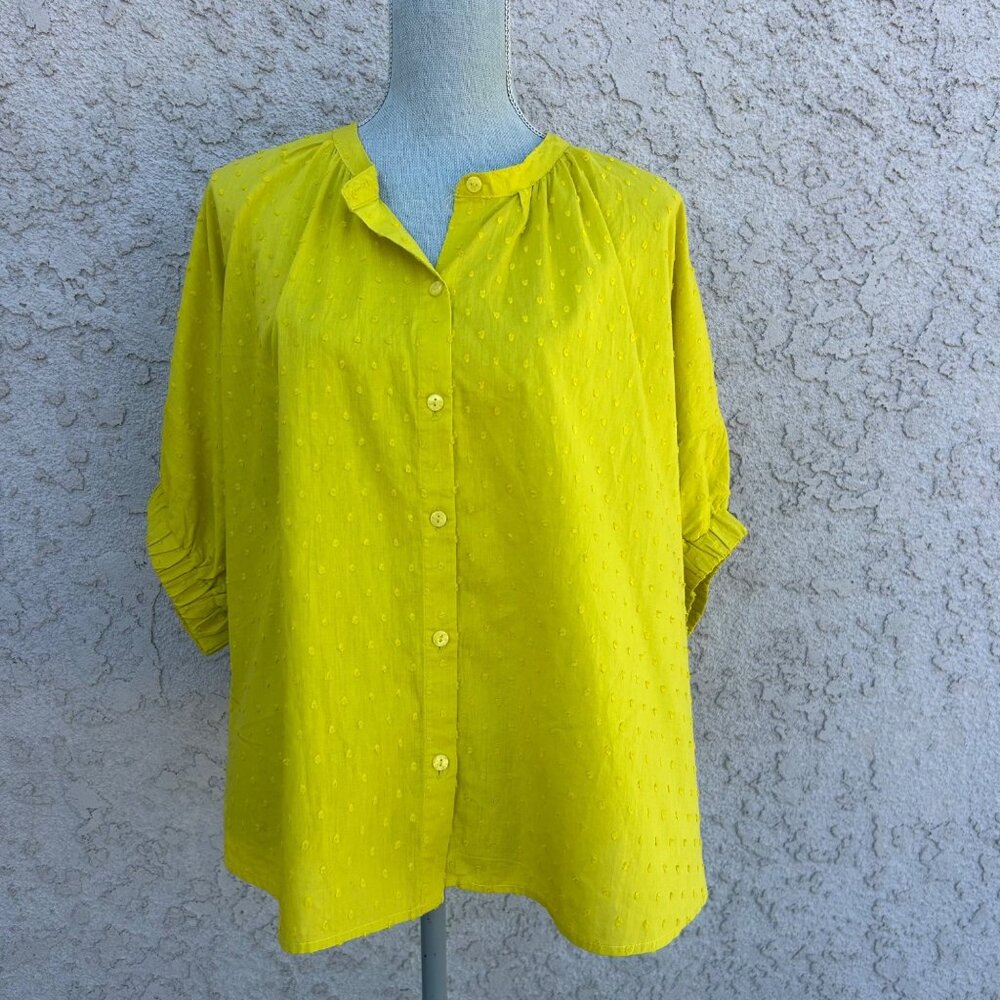 NWT Calligraphie Yellow Button-Down Blouse Short Sleeve‎ Boho Top XL 100% Cotton